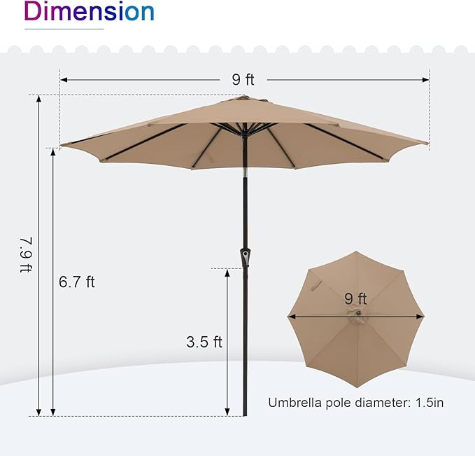 COBANA Patio Umbrella, Outdoor Table Umbrella of 9-Feet with 8 Ribs and Push Button Tilt and Crank, Beige