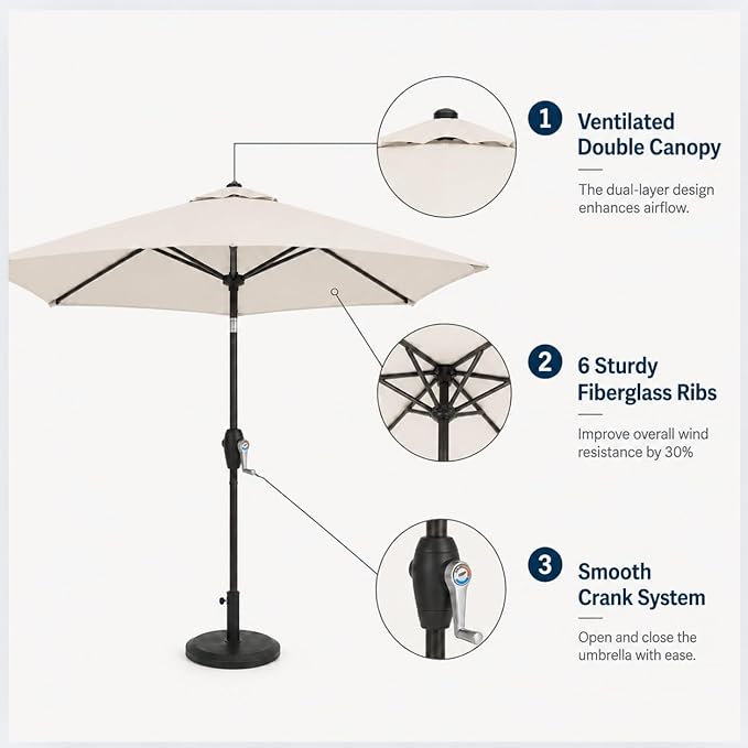 7.5ft Patio Umbrella, Outdoor Table Market Umbrella with Smooth Crank Lift, 6 Windproof Fiberglass Ribs, UPF50+ UV Protection for Deck, Pool, Garden and Backyard