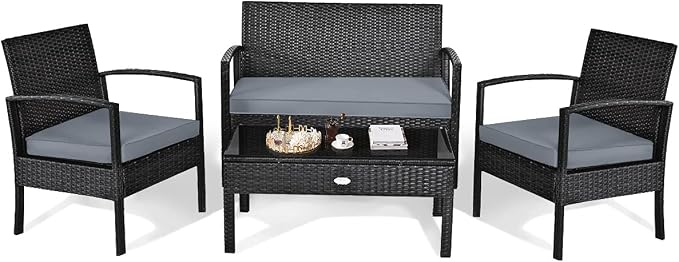 Outdoor Conversation Set 4 Pieces Patio Furniture, Wicker Patio Chair Sofa Set with Water-Resistant Gray Cushion & Tempered Glass Table for Backyard, Balcony, Porch(Black)