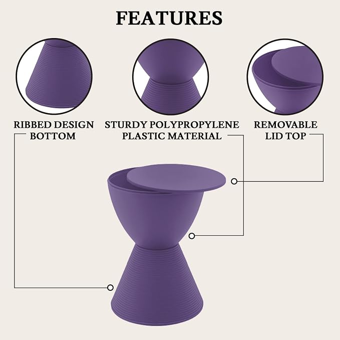 LeisureMod Modern Hourglass Purple Side Table - ABS Shell Drum End Table with Storage for Indoor & Outdoor Use