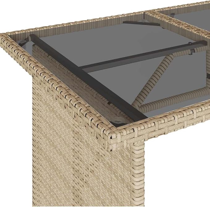Beige PE Rattan Garden Table Powder-Coated Steel | Clear Tempered Glass Top, Seats 4, Easy Assembly, Lightweight for Patio