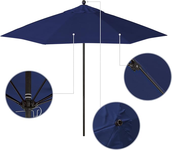California Umbrella 9' Rd. Venture Series Contract Grade Patio Umbrella, Push Open Pin Stop, Bronze Finish, Sunbrella True Blue