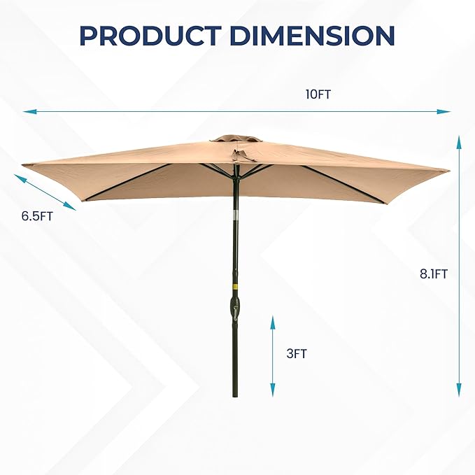 Kiss the Water 6.5' x 10' Patio Umbrella, Rectangular Outdoor Umbrella, Metal Pole Pool Umbrella with Crank and Push Button Tilt, Large Patio Umbrella with Polyester Canopy