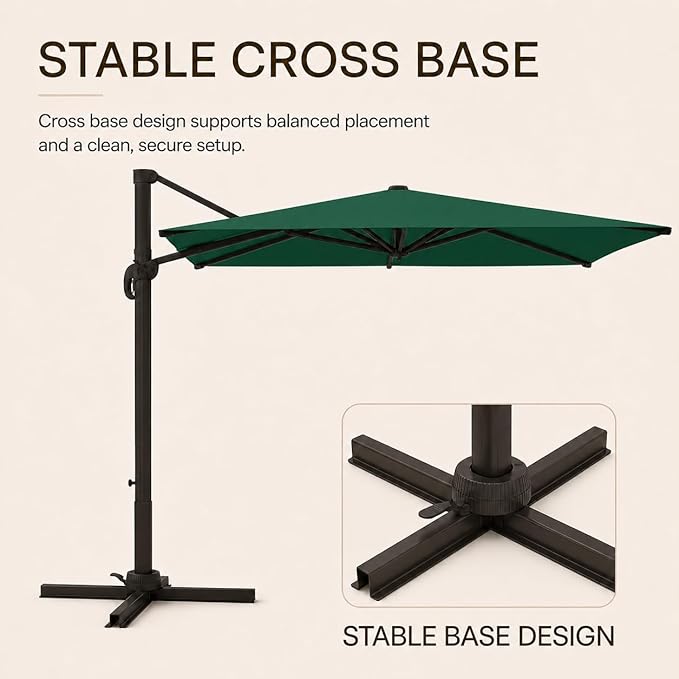 Kingdura 8' X 8' Cantilever Patio Umbrella with Base Included, Large Square Outdoor Offset Umbrella with 360-degree Rotation, 4 Position Tilt, UV Protection for Pool Deck Garden Patio (Dark green)
