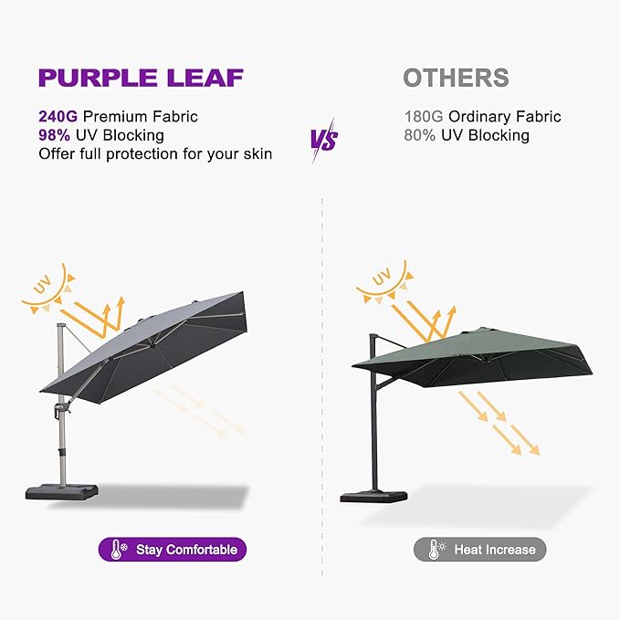PURPLE LEAF 9’ X 9‘ Patio Umbrella Outdoor Cantilever Umbrella, Aluminum Offset Umbrella with Champagne Frame and 360° Rotation for Pool Deck Garden, Light Grey
