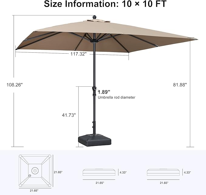PURPLE LEAF 10' x 10' Square Patio Market Umbrella with Base Outdoor Table Umbrellas Aluminum Frame Sun Shade with 8 Sturdy Ribs for Garden Deck Lawn Pool Taupe