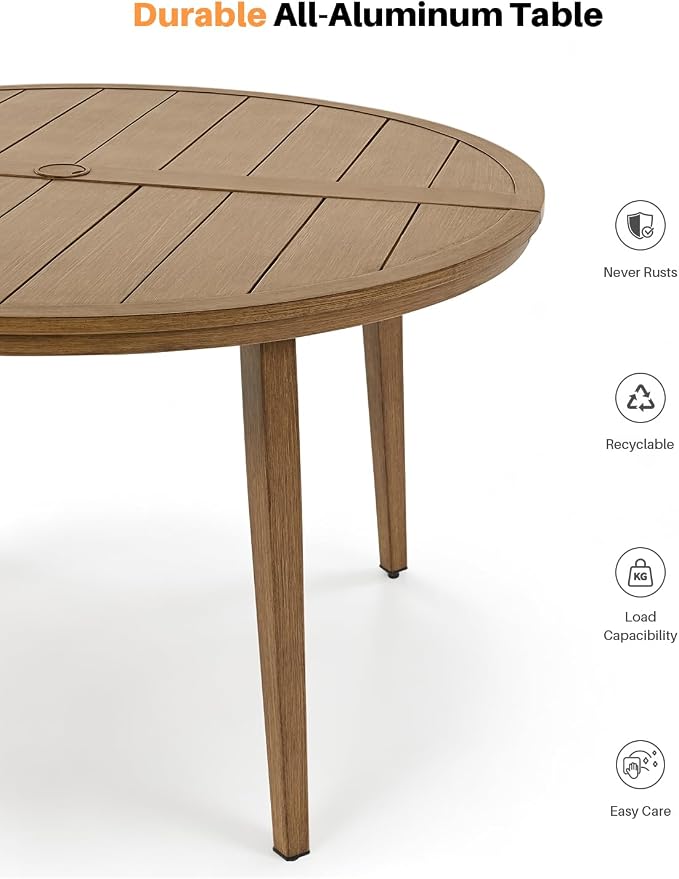 51-Inch Round Outdoor Dining Table, Aluminum Patio Dining Table with Umbrella Hole, Outdoor Round Dining Table for 6, Never-Rust Patio Table for Lawn, Backyard, Deck, and Garden, Teak
