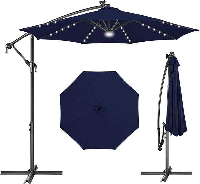 Solar Offset Patio Umbrella - 10 FT Solar Cantilever Umbrella Outdoor with 40 LED Lights and Cross Base, UV Protection for Garden, Deck, Backyard, Pool, Porch, Navy Bluery