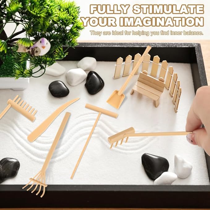 6 Pcs Mini Zen Garden Rake Tools, Miniature Tabletop Rock Zen Sand Rake Set with Pushing Drawing Pen 3 Small Rakes, Mini Sand Stamp Rakes, Meditation Rock Garden Accessories(Beige)