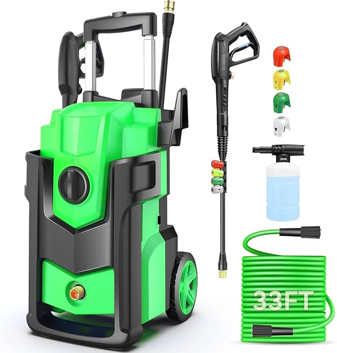 Electric Pressure Washer, 5000 PSI 4.0 GPM Heavy Duty Power Washer, with 4 Nozzles,Foam Cannon,33FT Hose Reel and 500ml Soap Bottle for Home/Cars(Grass)