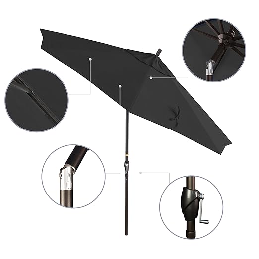 California Umbrella 9' Round Aluminum Patio Umbrella, Crank Lift, Push Button Tilt, Bronze Pole, 4-year Non-fading fabric, Black