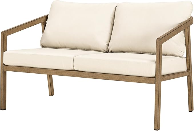 Teak Outdoor Patio Loveseat, Never-Rust Aluminum Outdoor Loveseat Couch with Thick Cushions, Modern 2-Seater Patio Sofa Bench, Outdoor Sofa Loveseat Furniture for Deck, Poolside