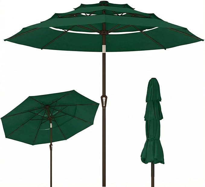 Kingdura 10ft 3-Tier Patio Umbrella, Outdoor Table Umbrella with Easy Crank & Tilt, 8 Reinforced Ribs, UV Protection for Deck, Pool, Market, Backyard (Dark green)