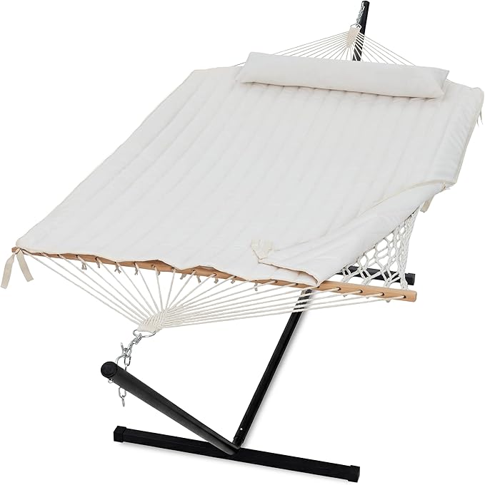 GAFETE 2 Person Hammock with Stand for Outside, 52inch Double Cotton Rope Hammock with Polyester Pad, Heavy Duty Steel Stand, Large Removable Pillow, Storage Bag, Max 475 lbs Capacity (Cream with Pad)