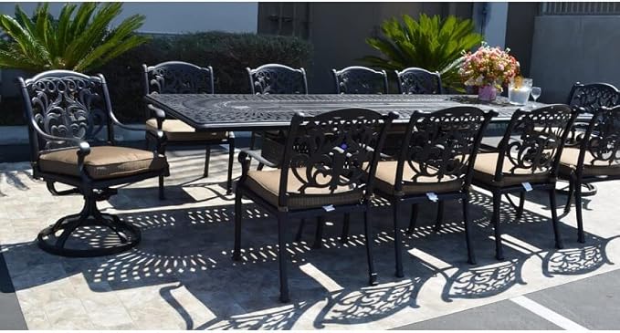 Mandalay Outdoor Cast Aluminum Powder Coated 11-Piece Dining Set with Extendable 132in Rectangular Dining Table (Premium Sunbrella-Linen-Sesame Cushions)