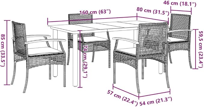 5 Piece Outdoor Patio Dining Set with Cushions Gray Poly Rattan, PE Wicker Dining Table and 4 Chairs with Padded Seats, Tempered Glass Top for Garden Backyard Poolside, UV-Proof Steel Frame