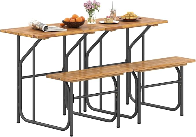 HAPPYGRILL Acacia Wood Picnic Table Bench Set, Dining Table and Bench Set with Heavy Duty Metal Frame, for Patio Porch Garden and Backyard