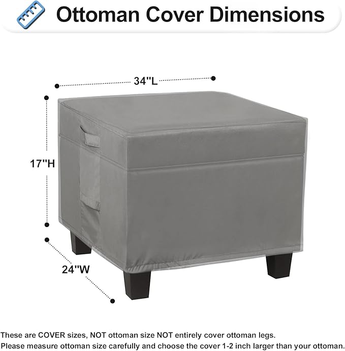 OutdoorLines Outdoor Waterproof Patio Ottoman Covers - Rectangle UV-Proof Patio Side Table Cover Windproof Heavy-Duty Furniture Covering Protector 34L x 24W x 17H Inch, Grey