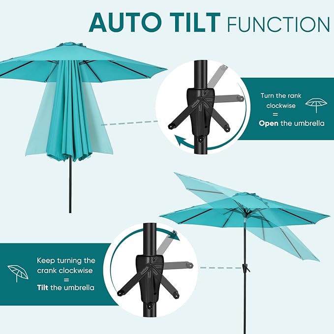 Tempera Patio Market Outdoor Table Umbrella with Auto Tilt and Crank, Large Sun Umbrella with Sturdy Pole & Fade Resistant Canopy, Easy to Set