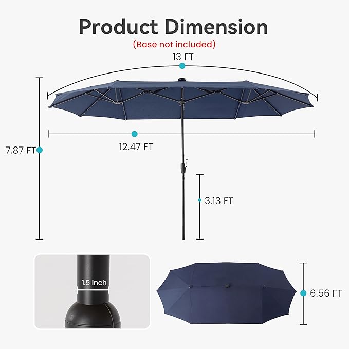 COSIEST 13FT Patio Umbrella with Solar Lights, Outdoor Double-Sided Table Umbrella,Large Rectangular Market Umbrella w Crank Handle for Garden, Pool, Deck Shade, Navy Blue