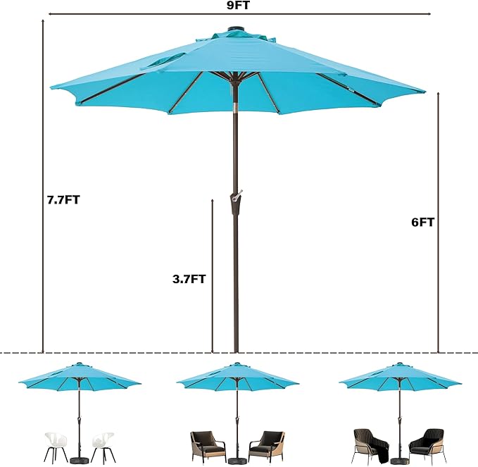 9FT Solar-Powered LED Patio Umbrella with Tilt Crank,Outdoor Market Umbrella with 32 Lights,Sunshade for Deck, Garden and Pool