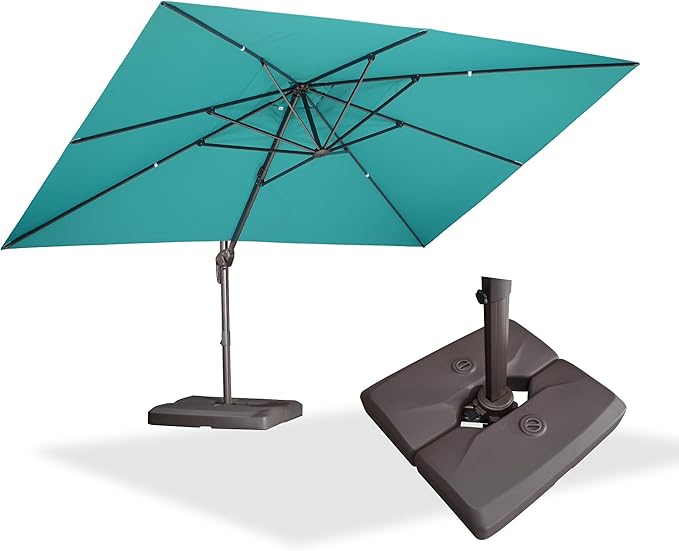 PURPLE LEAF 10' X 13' Patio Cantilever Umbrella with Base Rectangle Umbrella Outdoor with Aluminum Offset Antique Bronze Hanging and 360° Rotation for Pool Garden Deck Patio, Turquoise