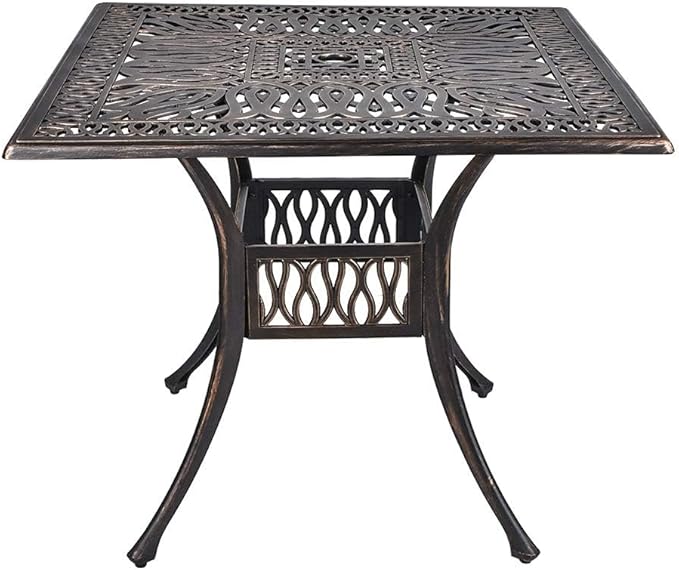 TITIMO 35.4" Outdoor Patio Bistro Dining Square Table Weather Resistant Cast Aluminum Conversation Table with 2.2" Umbrella Hole for Backyard, Garden, Poolside, Balcony(Retro)