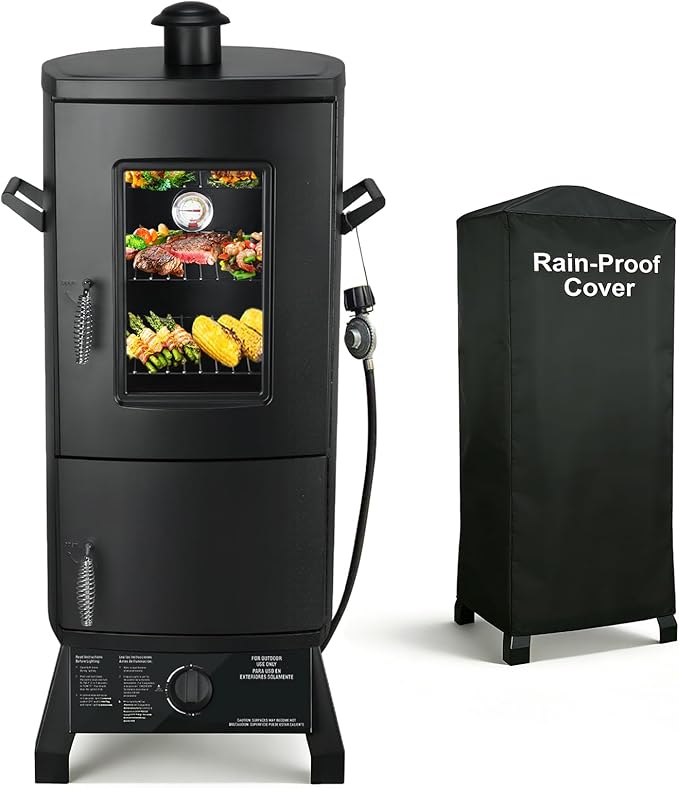 Propane Smoker, Vertical Smoker with Three Removable Shelves,Outdoor Grills & Smokers with Thermometer and Cover for Outdoor BBQ,