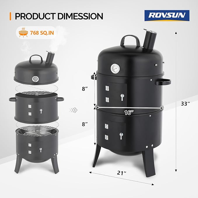 ROVSUN Upgraded 18 Inch Multi-Layer Charcoal Smoker Grill with Chimney, Heavy Duty Round Grill, Vertical Smoker with Thermometer, for Outdoor Cooking, Patio, Parties, Backyard BBQ