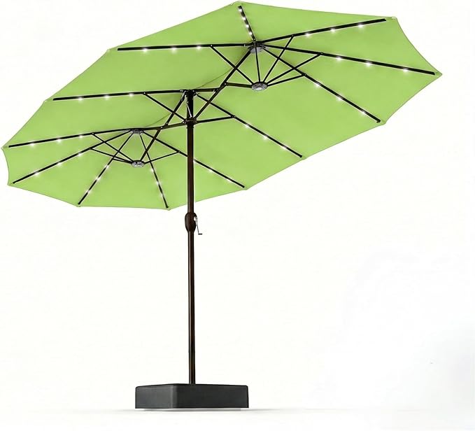 15FT Patio Umbrella with Solar Lights, Double-Sided Extra Large Outdoor Table Umbrella with Base Included, Heavy-Duty 12 Iron Ribs Market Umbrella for Garden, Pool, Backyard, Apple Green