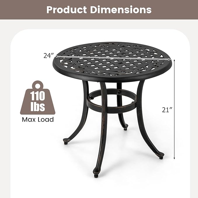 HAPPYGRILL Outdoor Aluminum Side Table, Patio Coffee Table with Adjustable Footpads, Heavy-Duty Small End Table, Lightweight Round Patio Table for Backyard, Porch, Poolside