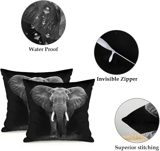 18x18 Inch Outdoor Pillow Covers Set of 2 Waterproof Throw Pillow Covers Decorative Couch Cushion Covers Black Elephant Square Pillowcases Protectors for Patio Garden Sofa