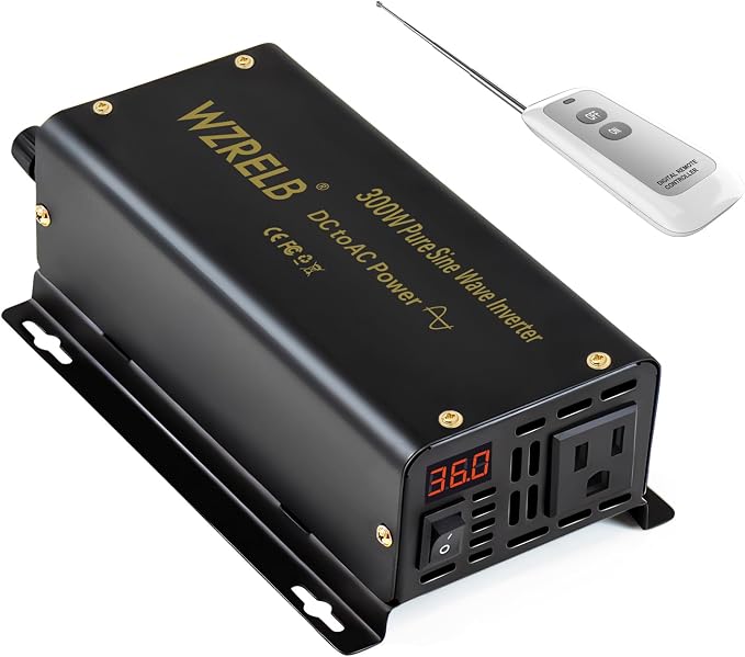 WZRELB 300W Pure Sine Wave Inverter 600W Peak DC 24V to 110V AC Power Converter Off Grid LED Display with Remote Controller