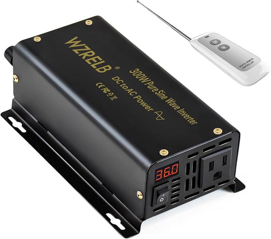 WZRELB 300W Pure Sine Wave Inverter 600W Peak DC 24V to 110V AC Power Converter Off Grid LED Display with Remote Controller