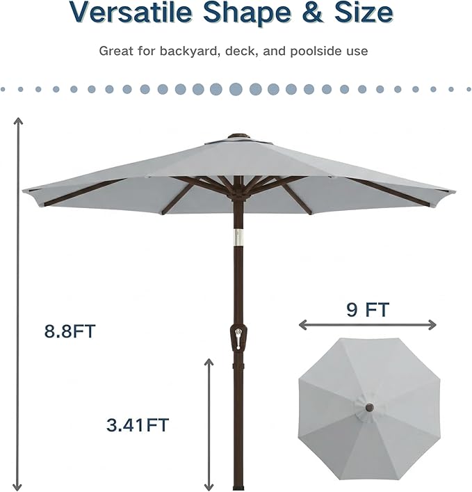 PatioKingdom 9FT Patio Outdoor Umbrella-UPF 50+ Sun Shade with Wind Vent, Push-Button Tilt & Smooth Crank Lift, Rust-Resistant Fiberglass Frame for Garden, Backyard,Yard (Light Gray)