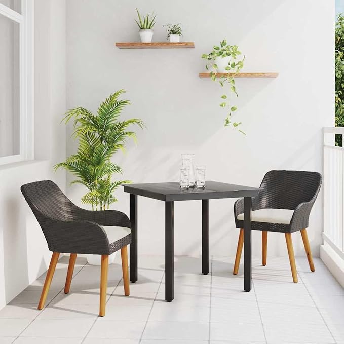 Garden Dining Set with Cushion 3 Pcs Black Poly Rattan Outdoor Patio Bistro Table Chairs Weatherproof Stackable for Deck Yard Porch