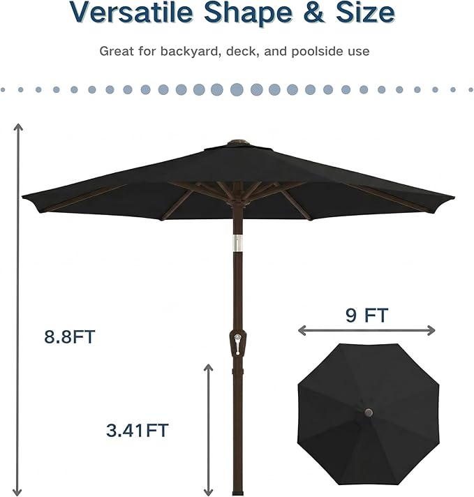PatioKingdom 9FT Patio Outdoor Umbrella-UPF 50+ Sun Shade with Wind Vent, Push-Button Tilt & Smooth Crank Lift, Rust-Resistant Fiberglass Frame for Garden, Backyard,Yard (Black)