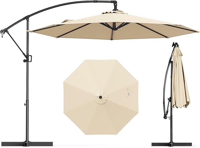 Tangkula 10 FT Patio Offset Umbrella, Hanging Cantilever Umbrella w/X-shaped Base & 360° Rotation, Smooth Crank Handle, Vented Top, Outdoor Market Umbrella for Backyard, Deck (Beige)