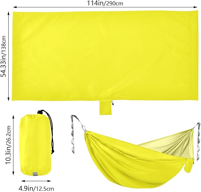 Bright Yellow Solid Color Camping Hammock, Portable Lightweight Single Hammock with Tree Straps and Aluminum Carabiners, 114" x 54" Travel Hammock for Hiking Backpacking Beach