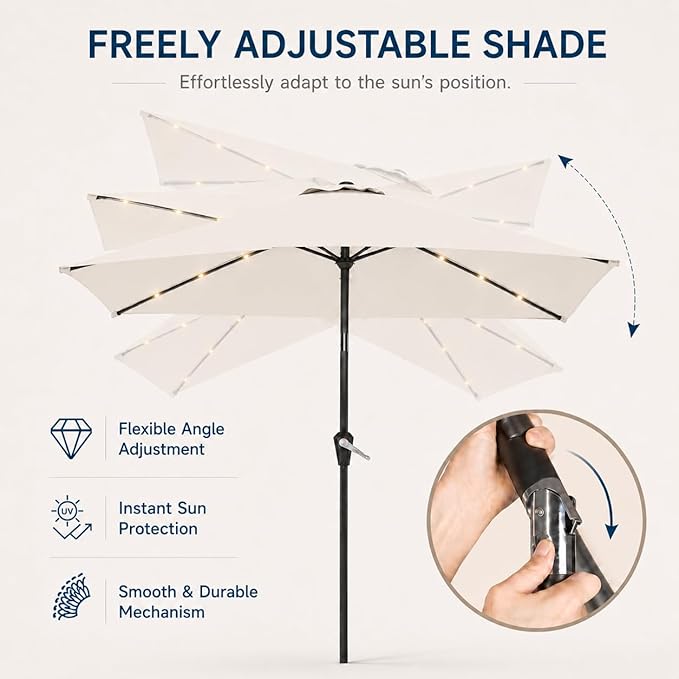 6.5 x 10ft Rectangular Patio Umbrella with Solar Lights, 16 LED Lighted Market Umbrella with Push-Button Tilt and Crank, 6 Sturdy Iron Ribs for Garden, Deck, Pool, Creamy White