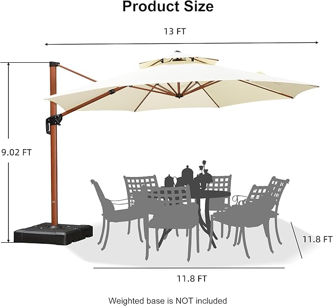 PURPLE LEAF 13ft Patio Umbrella Outdoor Round Umbrellas Large Cantilever Umbrella Windproof Offset Umbrellas Heavy Duty Sun Umbrella for Garden Deck Pool Patio, Cream