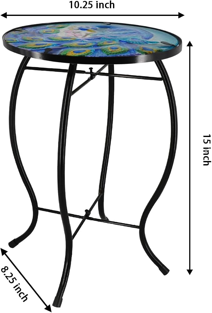Side Table Outdoor Round End Table Metal Patio Table Glass Coffee Tea Table Nightstand for Living Room Bedroom Indoor Outdoor Use