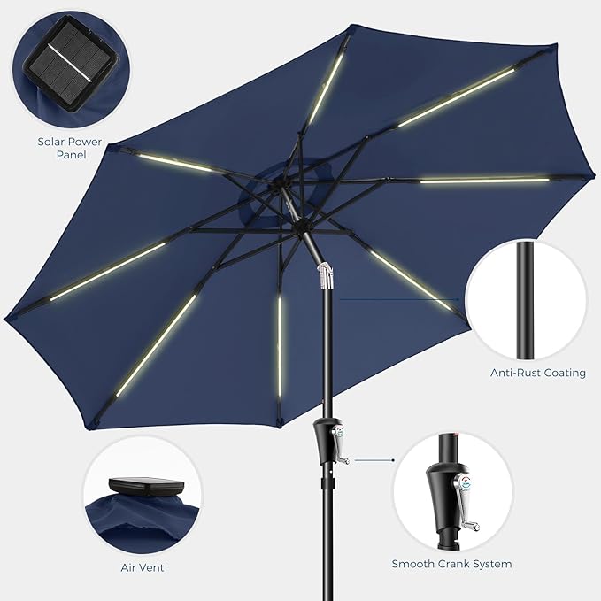 HOMSHADE 9ft Solar Patio Umbrella - Solar Lights LED Lighted UPF50+ UV Protection Umbrella, Outdoor Market Table Umbrella with Push Button Tilt, Crank for Pool Deck and Garden (Navy)