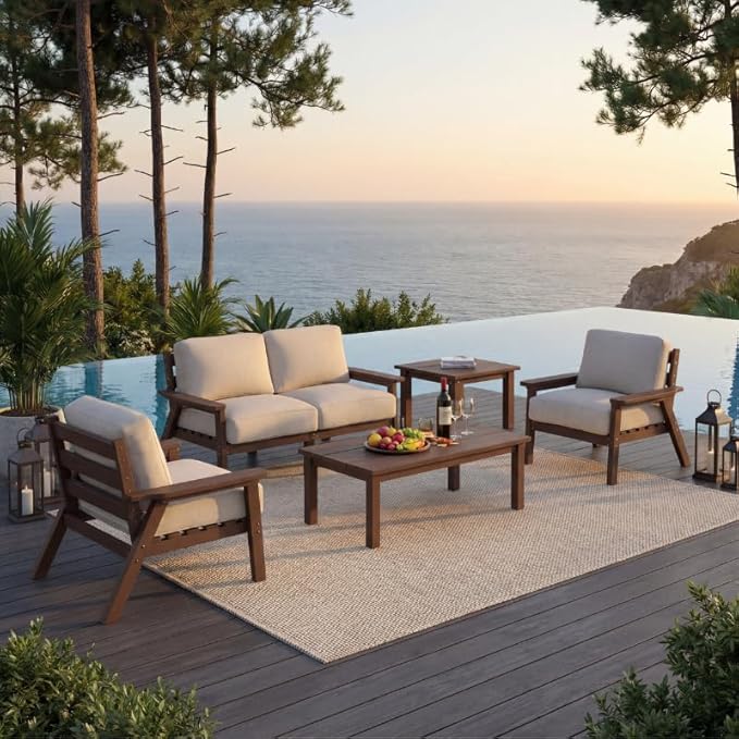 HDPE 6 Piece Patio Furniture Set, Outdoor Couch with Washable Thick Beige Cushions & Coffee Table & Side Table, Outdoor Sectional Furniture for Backyard, Deck, Lawn, Porch (Brown Frame)