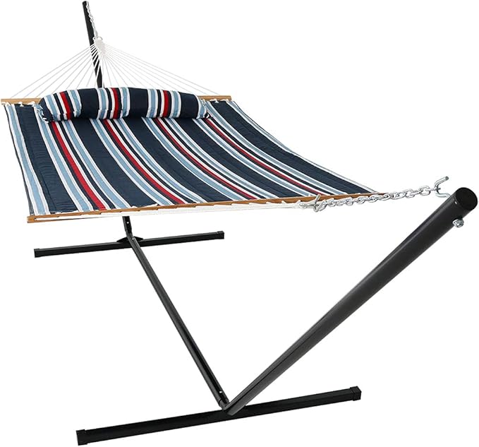 Sunnydaze Quilted Double Hammock with Stand for Outside - 400-Pound Capacity 2-Person Hammock with Stand - 15-Foot Stand - Nautical Stripe