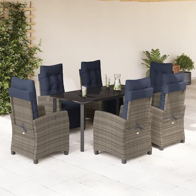 Backyard Furniture Patio Conversation Sets Outdoor Seating 7 Piece Patio Dining Set with Cushions Gray Poly Rattan Suitable for Gardens, Balconies, Decks