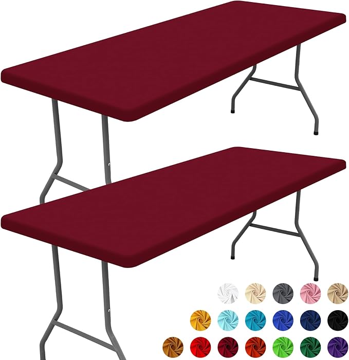 Moosfor Spandex 6 Foot Rectangle Table Cloth 2 Pack, Elastic Fitted Tablecloths for Picnic, Stretch Washable Patio Table Cover for Outdoor, Camping, Banquet and Parties (Wine Red, 30"x72")