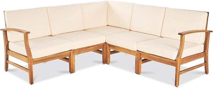 Christopher Knight Home Perla 5 Piece Patio Furniture Set, 5 Seater Acacia Wood Outdoor Corner Sofa Set, Patio Sectional Sofa Couch with Water Resistant Cushions, Teak+Cream