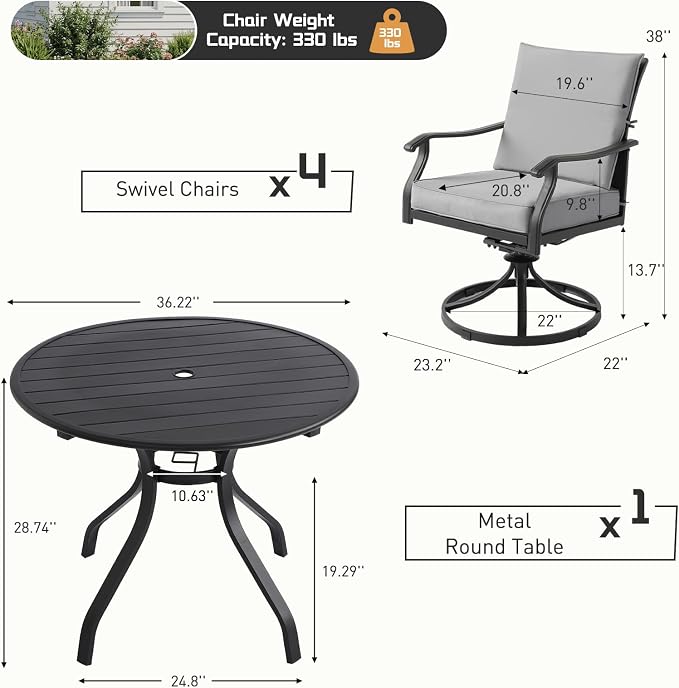 Outdoor Patio Dining Set, Outdoor Furniture Dining Set for Patio, Balcony, Lawn, Garden, Backyard (Gray, 1 Round Table+4 Swivel Dining Chairs)