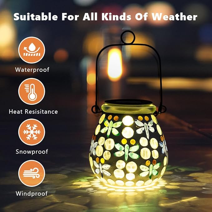 Stargarden 2 Pack Mosaic Solar Lanterns Outdoor Waterproof, Dragonfly Hanging Lantern Decorative Glass Solar Lights for Yard, Patio, Lawn, Gaden Decor